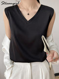 Blouse Women Sleeveless Satin 2022 Summer Basic V Neck White Blouses Sleeveless Silk Summer Clothes For Women Blouses