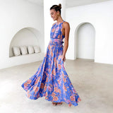 New Printed Hanging Neck Beach Bohemian Wind High Waist-Dew Broken Flower Dress Women's