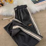 Striped Corduroy Sweatpants Women Winter Thick High Waist Drawstring Wide Leg Trousers Y2K Korean All-Match Straight Pants-Outfit