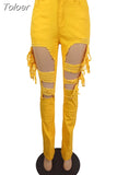 Big Hole Hollow Bodycon Jeans Women High Waist Side Tassel Patchwork Flare Pant Streetwear Bell Bottom Denim