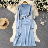 Knit Split Dresses for Women's Spring High Waist Buttons Slim Dresses Autumn Ladies Casual Mid-Calf