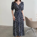 Style Summer Print Floral Dress Women V-Neck Short Sleeves Chiffon Bohemian Dresses Beach Midi Female Wrap