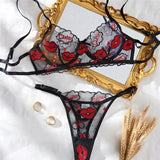 Black Lips Embroidery Sheer Lingerie Set-Outfit