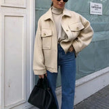 PUWD Casual Woman Beige Loose Knitted Fleece Shirt Coat 2021 Spring Fashion Ladies Oversized Outwear Female Oversized