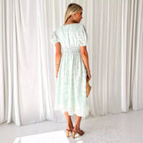 Dress Floral Lace Short-Sleeved High-Waist A-Shaped Flowing Party Mid-Dress