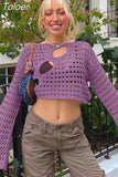 Out Cropped Knit Smock Top Women Flare Sleeve Y2K Clothes Fairy Grunge Loose Distressed Crochet Pullovers Sweater
