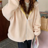 Hooded Ladies Plus Velvet Thick Coat All-match Jacket Pure Yellow Sweet and Cute Autumn and Winter Lamb Wool Loose Coat