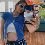 Korean Fashion Irregular Crop Tops Grunge Chic Designer Clothes Kpop Split Knitted Short Sleeve T-shirt Y2k