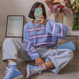 Women O Neck Stitching Stripes Keep Warm Casual Sweater Long Sleeve Loose Knitted Sweater 2022 Winter New Fashiong