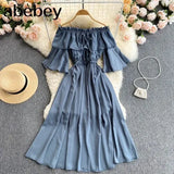 Women Off Shoulder Solid Dress Sexy Slash Neck Short Sleeve A-line Ruched Dresses Summer Bohemian Beach