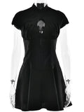Short Sleeve Satin Hollow Out Mini Dress-Outfit