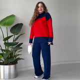 Autumn New Fashion Splicing Color Blouse Loose Wide Leg Trousers Set