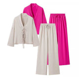 And Summer Women's Solid Color Tie Shirt Broad Leg Trousers Set Casual Two