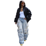 Hot Women's New Retro Casual Hole-Breaking Workwear Wide-Legged Multi-Bag