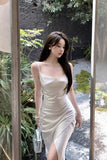 Summer New Elegant Dresses Women French Style Sexy Swinging Collar Satin Sleeveless Slim White Dress Ladies Stylish-Outfit