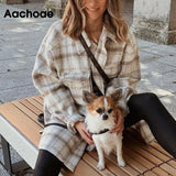 Aachoae Women Plaid Single Breasted Jacket Coats Fashion Turn Down Collar Pockets Coat Female Streetwear Long Sleeve Spring