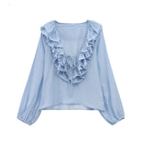 Early And Early Autumn New French Sweet V-Neck Thin Long-Sleeved Lotus Leaf Shirt Top