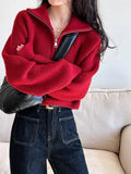 Sense Half-High Collar Zipper Red Knitted Shirt Women's Short Autumn And Winter New High-Waist Sweater Loose Thick