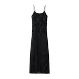 Party Small Dress 2025 Autumn New Sling Embroidered Flowers 100 Folds Under The Pendulum Pure Color