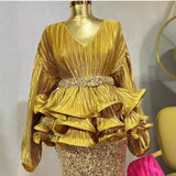 Suit Female Temperament Lantern Long Sleeve V Collar Lotus Leaf Swing Bright Shirt Female High-Waist Lysic Half