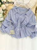 Vintage Shirt Women's V Neck Long Sleeve Striped Short Tops Casual Blouses Korean Fashion Clothing