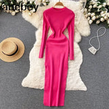 Senior Knitted Dress Women Long Sleeve Elastic Waist Split Sweater Dress Ladies Party Sexy Warm Long