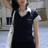 Style POLO Collar Splicing Fake Two Short-Sleeved Blouses Slim And Simple Knitted T-Shirt Girl-Outfit