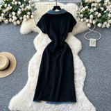 Fashion Niche Fashion Heavyweight Diamond Lace Splicing Polo Collar Short Sleeves Denim Waist Dress Women's Summer