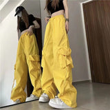 Toloer Speed Dry Cargo Pants Female Stereo Pocket High Waist Straight Tube Wide Leg Ribbon Loose Casual Floor