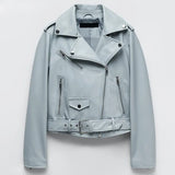 Spring Autumn Women Faux Leather Jacket Ladies Solid With Belt Zipper Biker Coat Female Casual