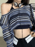 Contrast Striped Crochet Knit Crop Top-Outfit