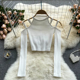 Women Korean Knitted Blouse Design Hollow Off Shoulder Long Sleeve Slim Tops Autumn Fashion Streetwear Short