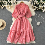 Korean Chic Elegant Pink V-neck Stitching Lace Hook Flower Waist Thin Bubble Sleeve Female Dress 2022 Summer
