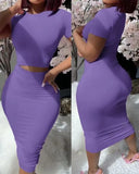Toloer Round Neck Short Sleeve Show Waist Sexy T-Shirt Wrapped Buttock Skirt