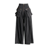 Toloer New Fashion High Waist Large Pocket Design Sense Wide Leg Pants Loose Small Show Skinny Jeans Woman-Outfit