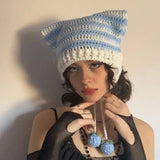 Toloer New Knitted Hat Fox Ear Devil Horn Striped Wool Hat Female-Outfit