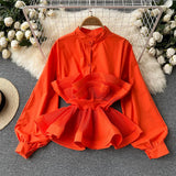 Women Design 3D Flounced edge Blouse Sweet Puff Sleeve O Neck Solid Casual Tops Summer Fashion Streetwear Short Blouses