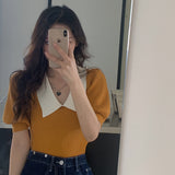 Retro Bubble Sleeve Knitted T-Shirt Women Design Small Short Top Summer New Ice T-Shirt
