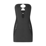 Women's Summer Strapless Diamond Off Shoulder Mesh Patchwork Hollow Out Skinny Bandeau Backless Short Mini Dress-Outfit