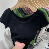 V-Neck Shoulder T-Shirt Women's Short-Sleeved Summer New Slim And Skinny Short-Bottomed Blouse-Outfit