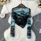 Gradient Mesh Sexy Women Top American Style Fashion Letter Long Sleeve Stand Neck Sheer Autumn Thin Sun Proof T