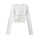 Fashion Women's Fashion Spring New Sexy Spice Girl Slim And Thin T-Shirt With V-Collar Pleated Long Sleeves-Outfit