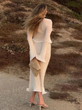 White Knit Crop Cardigan And Midi Skirt Set-Outfit