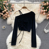 Off Shoulder Strap Blouse Women Diagonal-Collar Long Sleeve Slim Tops Summer Korean Off Shoulder Short