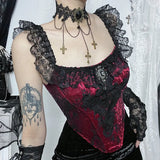 Autumn New Dark Composite Lace Blouse Female 2023Ins Online Celebrities With The Same Waist Splicing Sling-Outfit