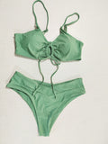 Toloer New Multi-Color Pure Color Lace Hanging Neck Bow Split Swimsuit Women's Feel