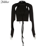 Gothic hollow tshirt 2 pieces crop top summer black Punk bandage tassel top high streetwear party top cotton tees