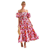 Summer New Bubble Sleeve Holiday Show Skinny Dress Babes High-Waisted Shoulder-Print Dress Dress