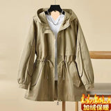 Hooded Casual Trench Coat 2024 Middle-Aged Mother Spring And Autumn New Women's Fashion Korean Version Draw Rope Collect Waist Overalls Coat-Outfit
