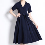 Fine-Cooked High-End Collar Short-Sleeved Long Dress Temperament Strap Solid Color To Close The Waist Sister Thin Women's